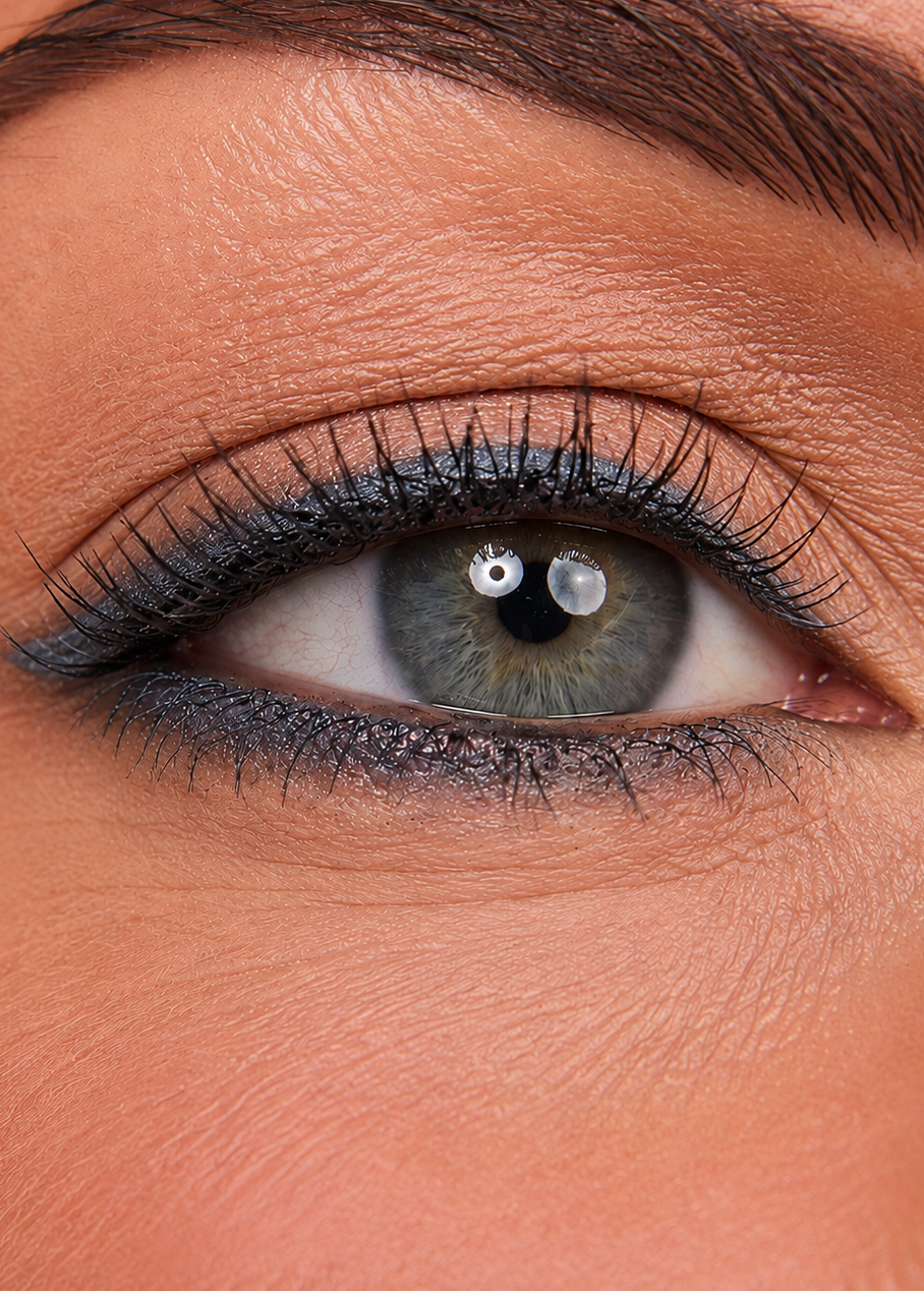 Close-up of a human eye with long black eyelashes and steel gray eyeliner, showing the iris and eyebrow in detail.