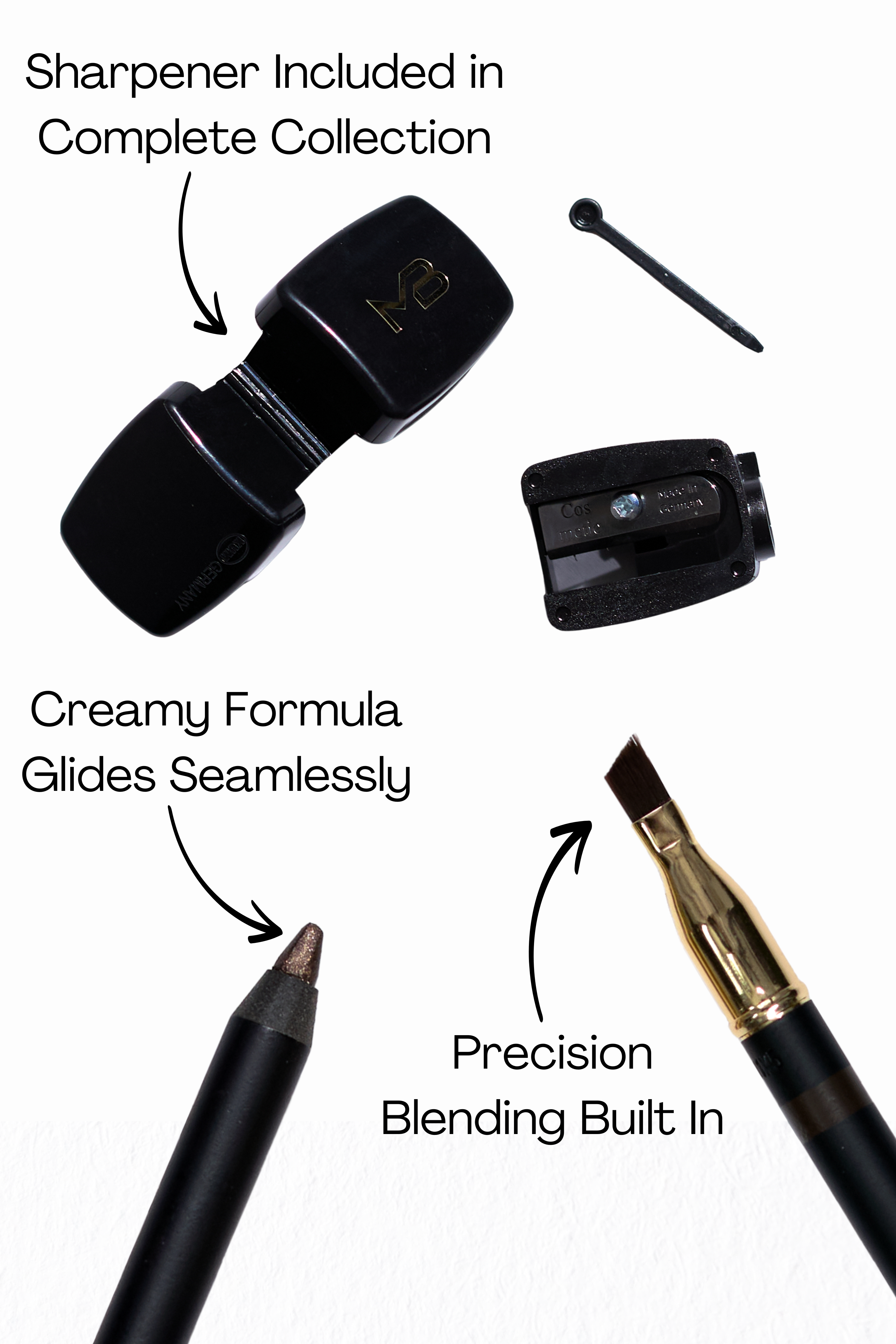 Sharpener components with the note "Sharpener Included in Complete Collection". Tip of eyeliner with "Creamy Formula Glides Seamlessly" and Angled Brush with "Precision Blending Built In".