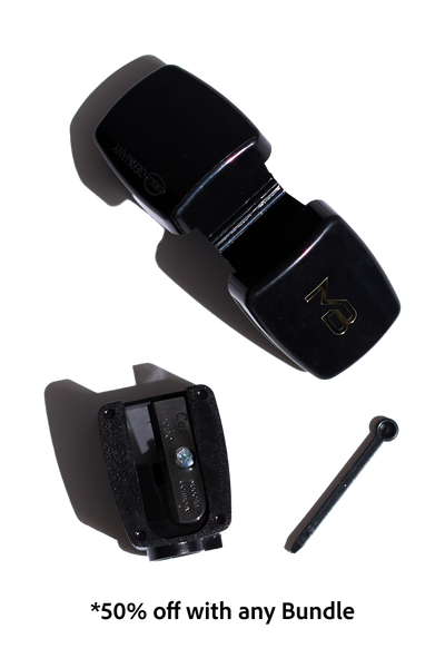 The MB sharpener disassembled to show the three components. Features a discount offer with bundle purchase.