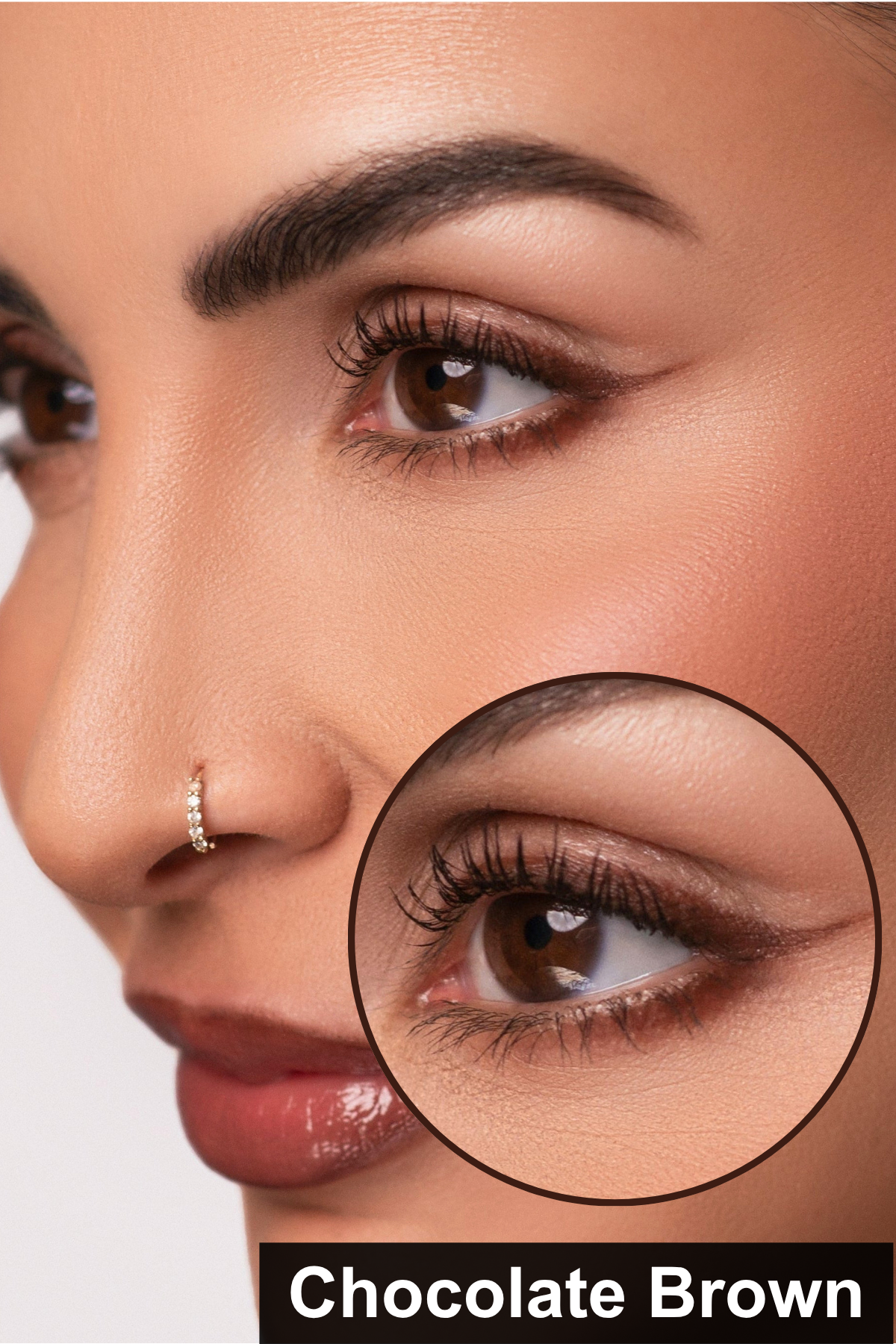 Close-up of a woman's eye with a chocolate brown color.