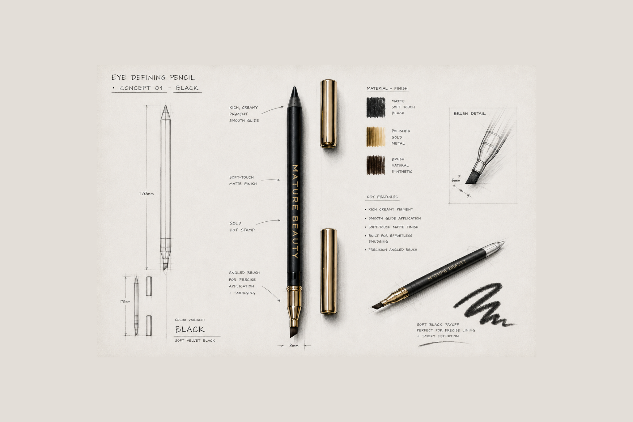 Eyeliner techincal drawing with sizes, features, and measurements on a beige background.