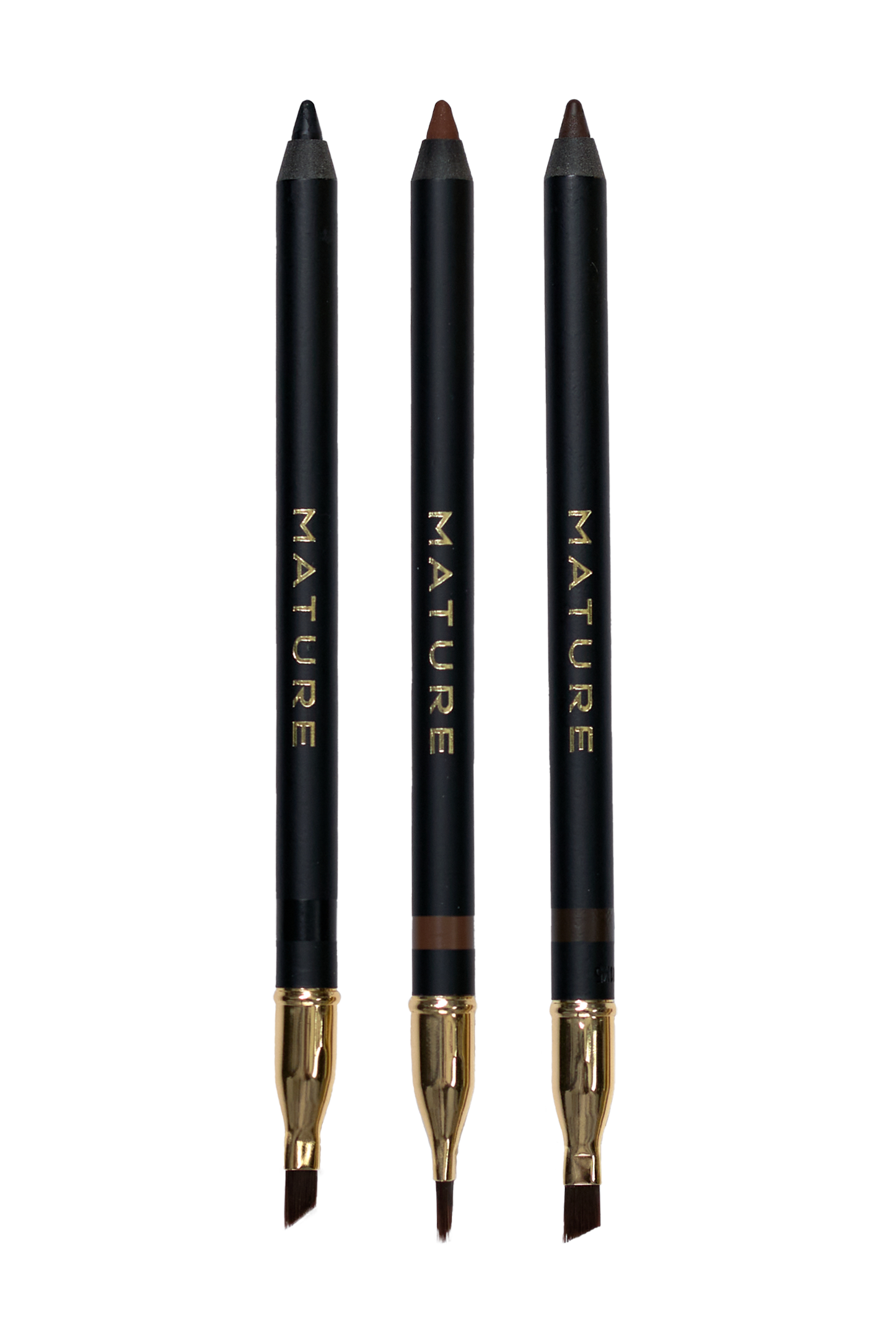 Three makeup pencils with gold accents labeled 'MATURE' on a white background. Black, Chocolate Brown, and Dark Brown from left to right.