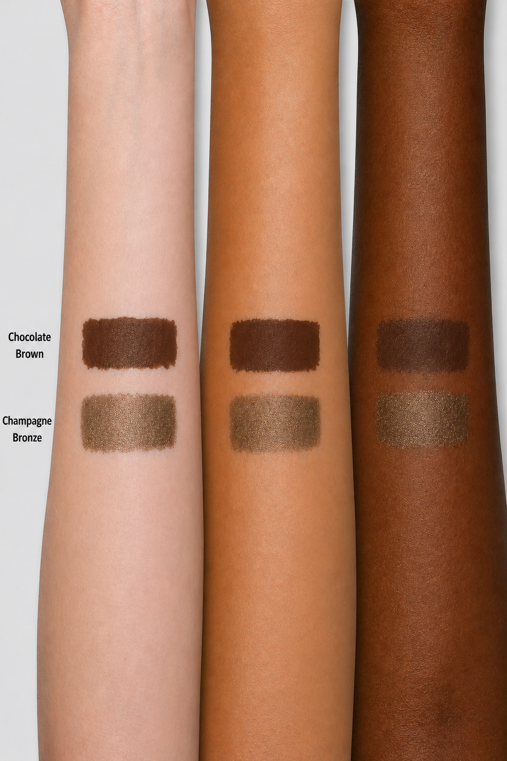 Three swatches of Chocolate Brown and Champagne Bronze eyeliner on 3 different skin tones.